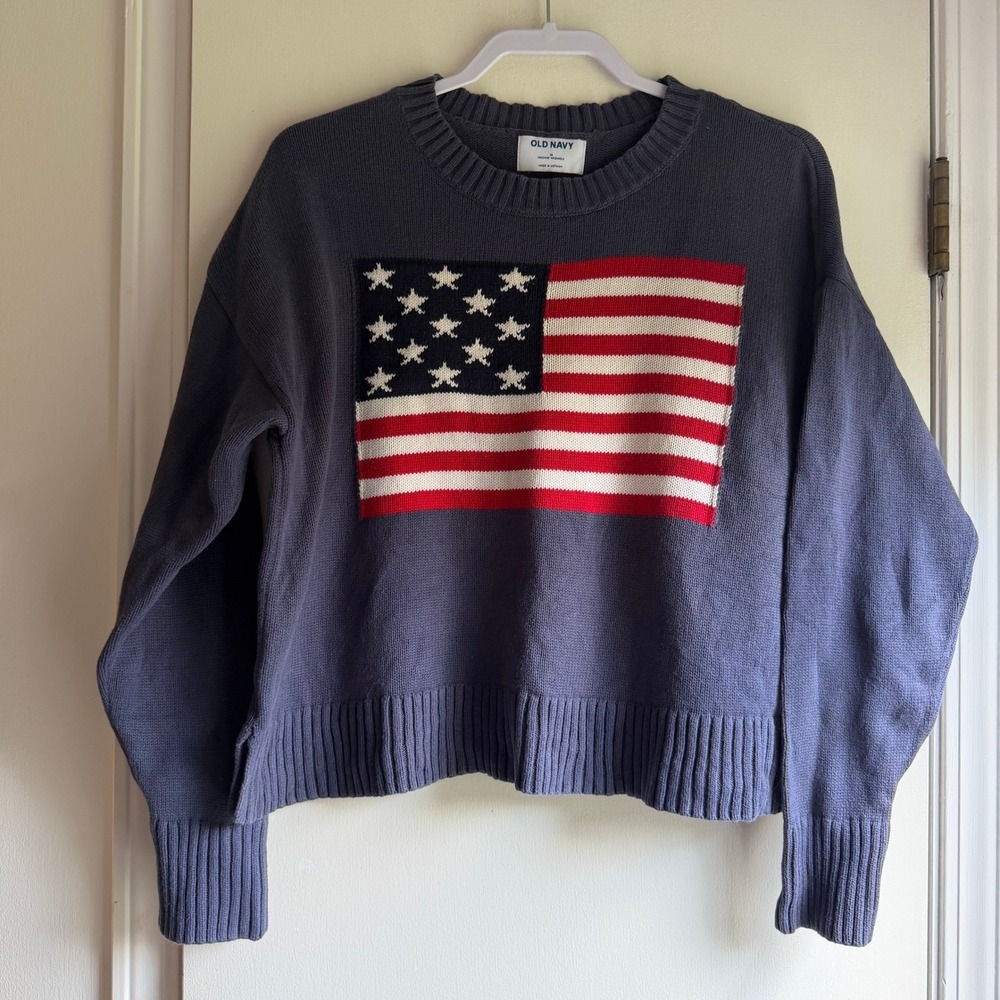 Old Navy Womens American Flag Cotton Knit Sweater Navy Blue Size M Patriotic
